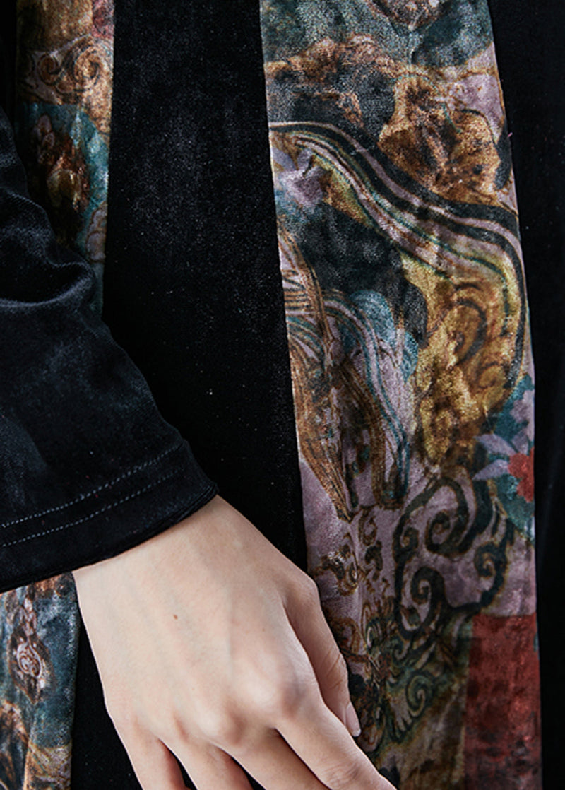 Black Exra Large Hem Patchwork Silk Velour Vacation Dresses Fall