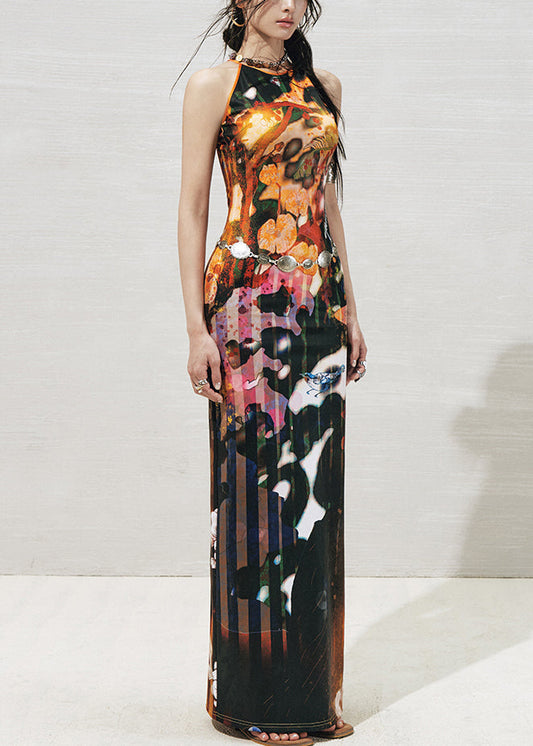 Orange Side Open Cotton Long Dresses O-neck Summer