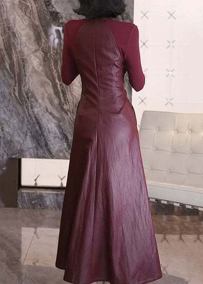 Mulberry V Neck Patchwork Faux Leather Dresses Fall