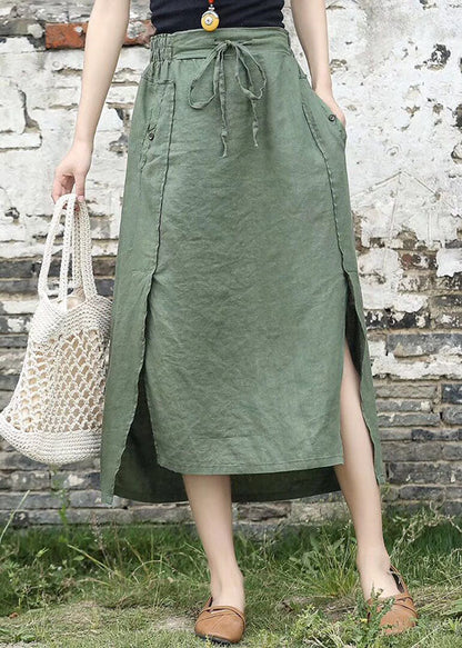 Coffee Cinched Pockets Patchwork Linen Skirts Summer