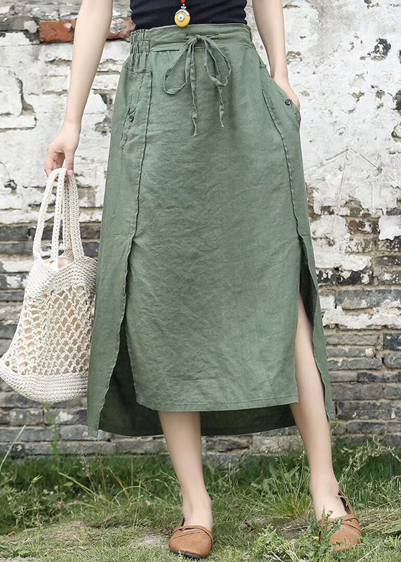 Coffee Cinched Pockets Patchwork Linen Skirts Summer