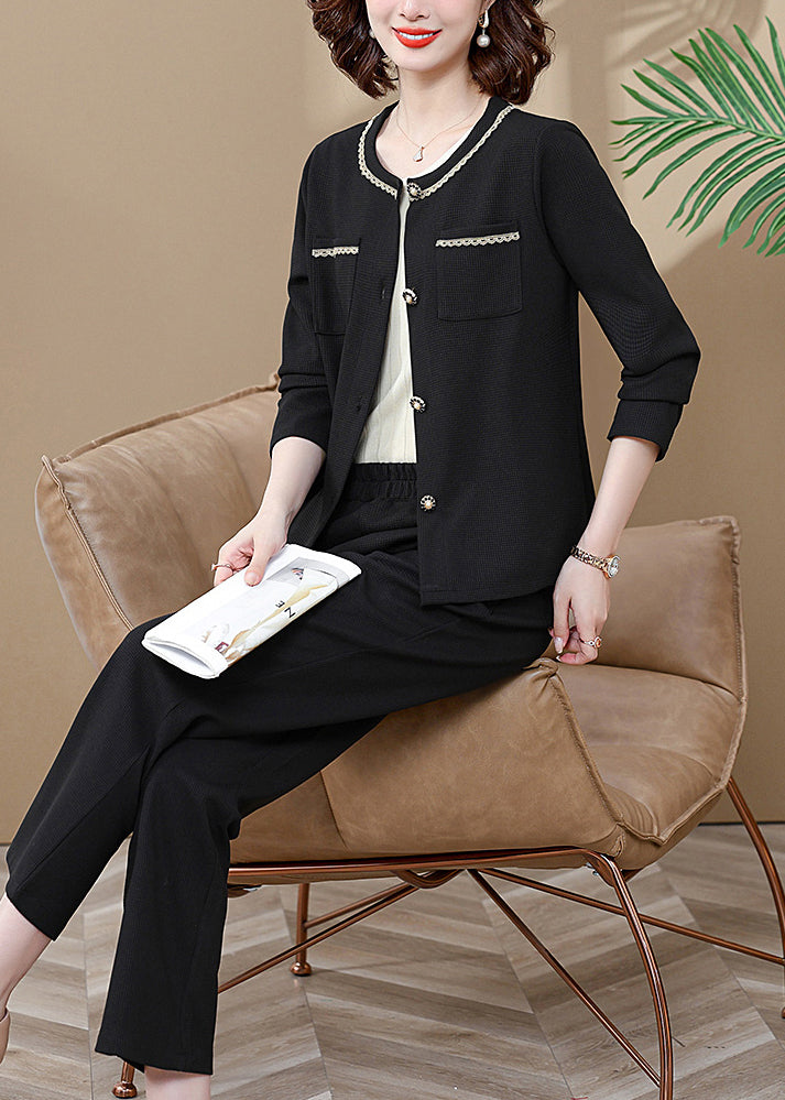 Black Pockets Patchwork Cardigans and Wide Leg Pants Two Pieces Set Long Sleeve