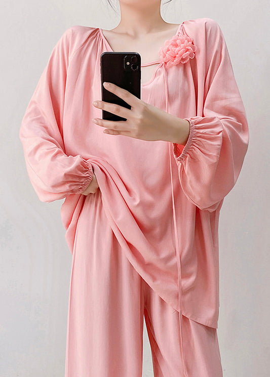 Loose Pink V Neck Cotton Pajamas Two Piece Set Fall
