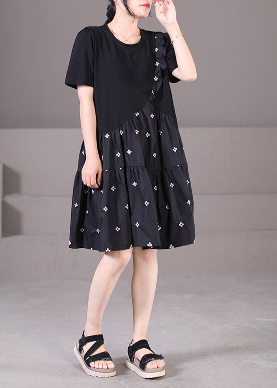 Style Black O-neck Embroideried Ruffled Patchwork Wrinkled Cotton a Line Dress Short Sleeve