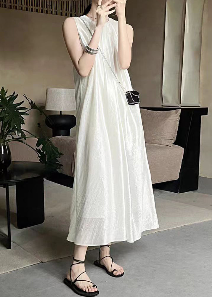 French Apricot O-neck Silk Long Dress Sleeveless