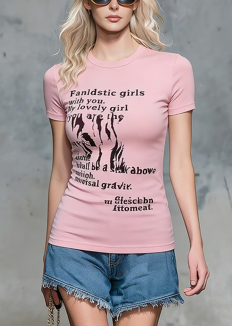 Handmade Pink O-neck Print Top Short Sleeve