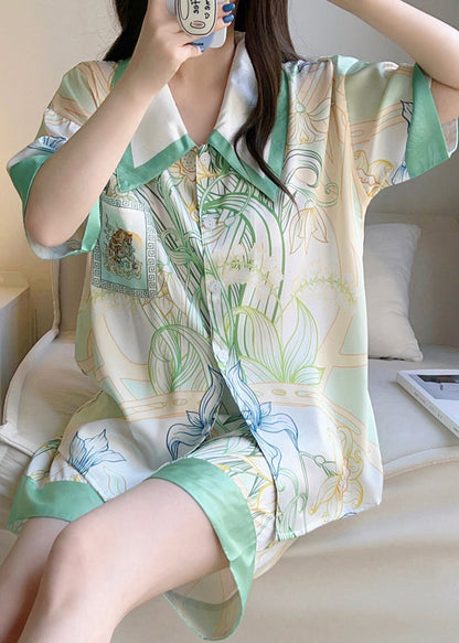 Green Print Button Shirt and Shorts Ice Silk Pajamas Two Pieces Set Summer