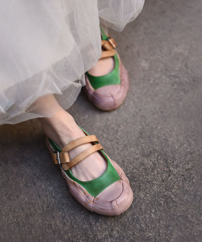 Simple Splicing Flat Shoes for Green Cowhide Leather Buckle Strap
