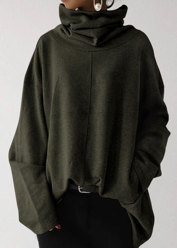 Loose Grey Hign Neck Patchwork Cotton Pullover Spring