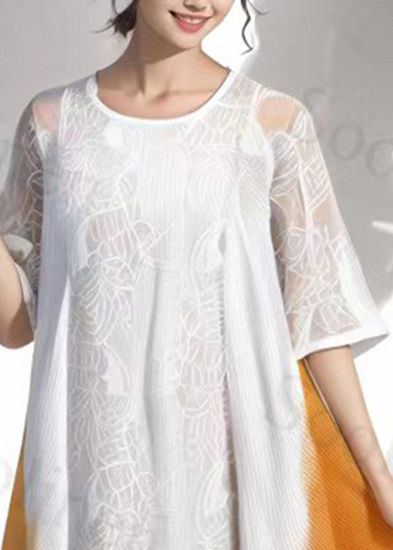 French White Patchwork Hollow Out Silk Long Dresses Short Sleeve