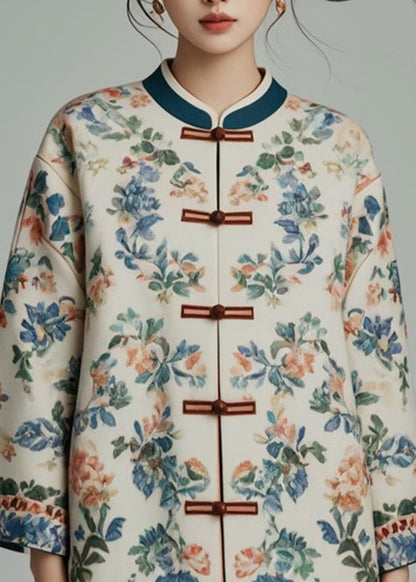 Apricot Stand Collar Print Coats Bracelet Sleeve