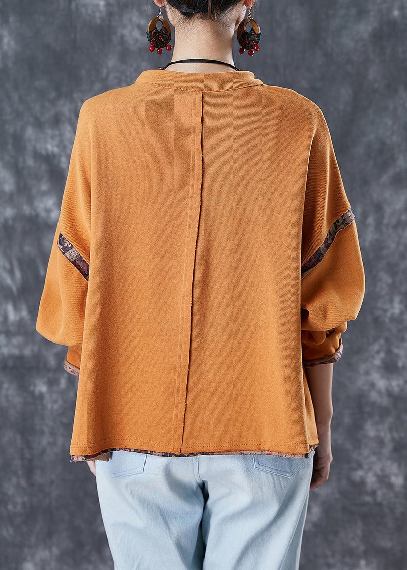 Orange Chinese Button Patchwork Cotton Shirt Tops Spring