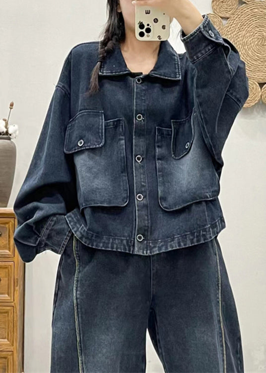 Modern Blue Button Pockets Patchwork Denim Coat Spring