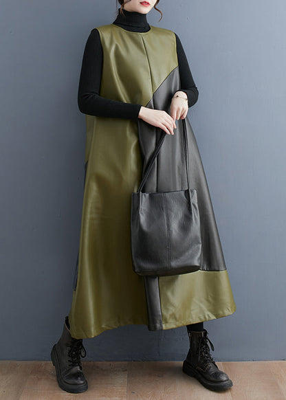 Army Green Asymmetrical Patchwork Faux Leather Long Dresses Sleeveless
