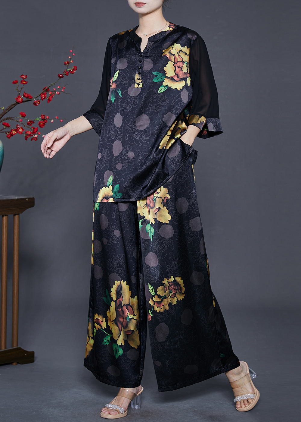 Black Oversized Print Draping Silk Two Pieces Set