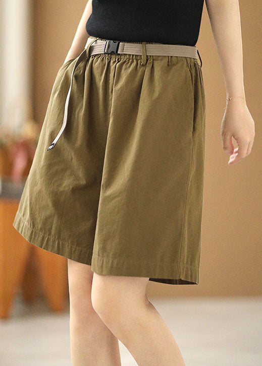 Army Green Elastic Waist Pockets Sashes Cotton Wide Leg Shorts Summer