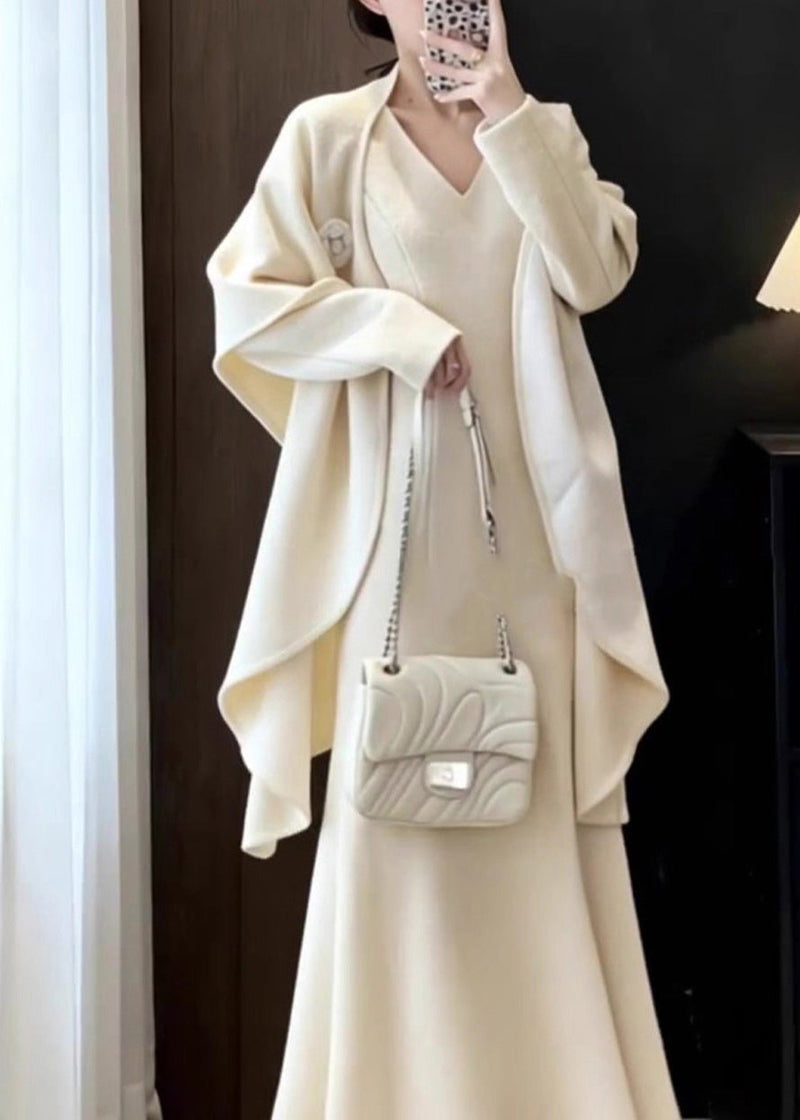 Apricot Shawl and Maxi Dresses Two Pieces Set Fall