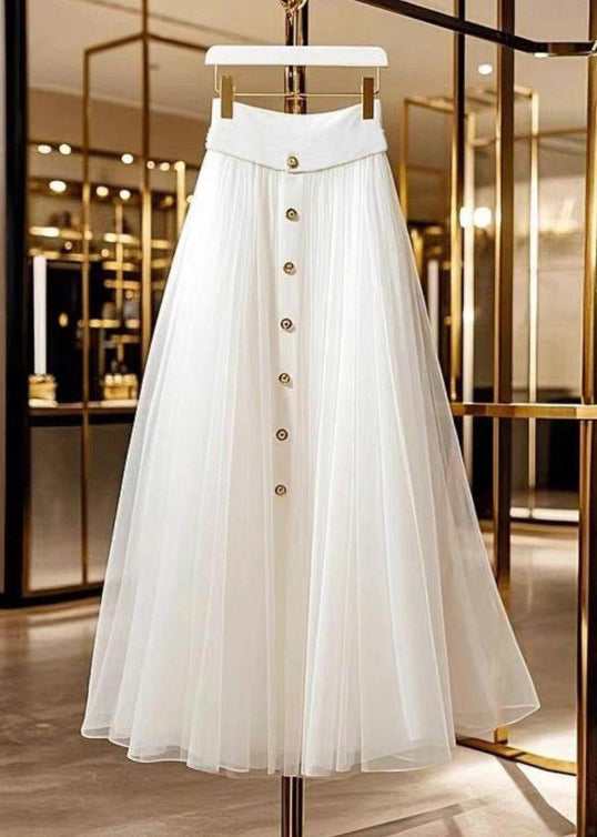 White Single Breasted Patchwork Tulle a Line Skirt Fall