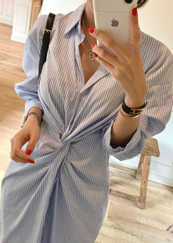 Organic Blue Asymmetrical Striped Cotton Shirts Dress Spring