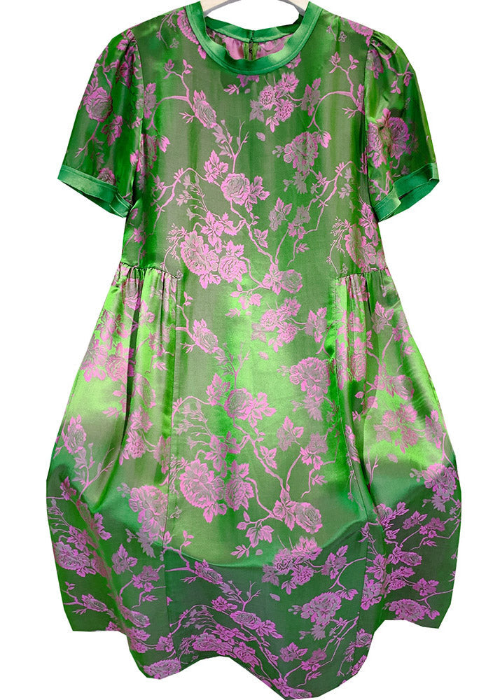Blackish Green O-neck Print Wrinkled Silk Dresses Short Sleeve