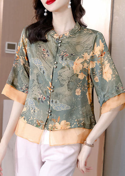 Colorblock Stand Collar Patchwork Print Silk Tops Summer