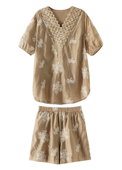 Unique Khaki V Neck Embroideried Chiffon Top and Shorts Two Pieces Set Summer