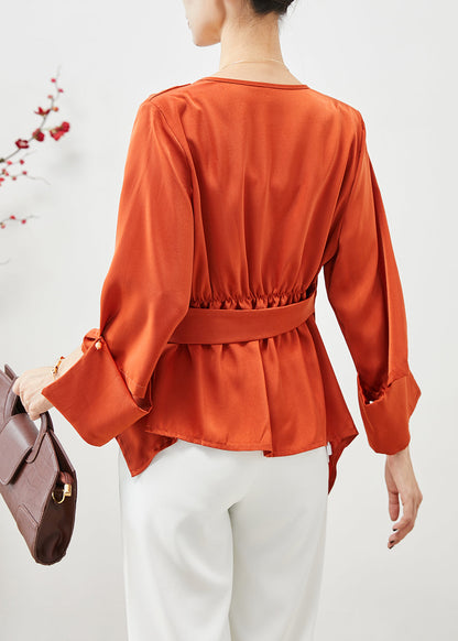 Orange Asymmetrical Cinched Tasseled Silk Top Fall