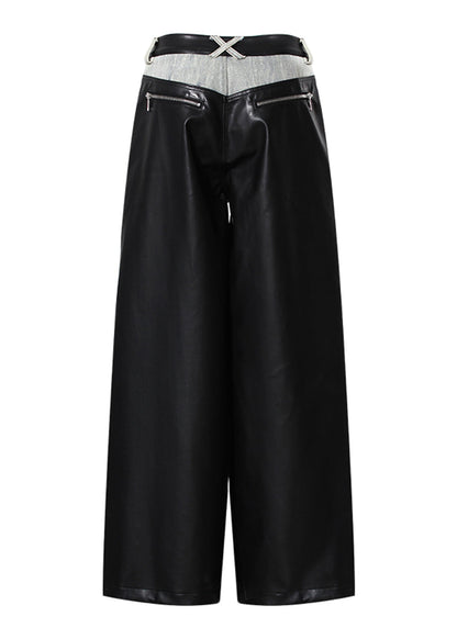 Pockets Faux Leather Patchwork Denim Wide Leg Pants Fall