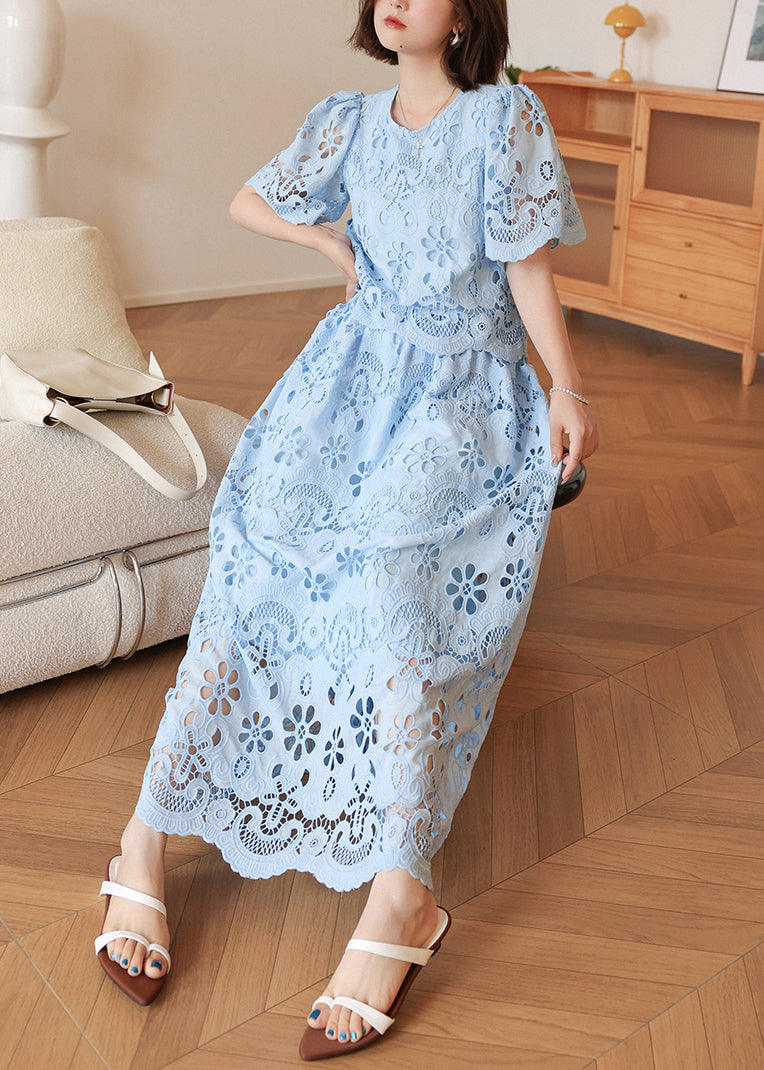 Blue Embroidered Hollow Out Cotton Two Pieces Set Summer