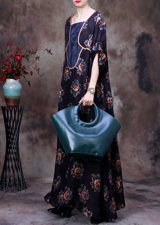 Navy Asymmetrical Patchwork Print Silk Long Dress Long Sleeve