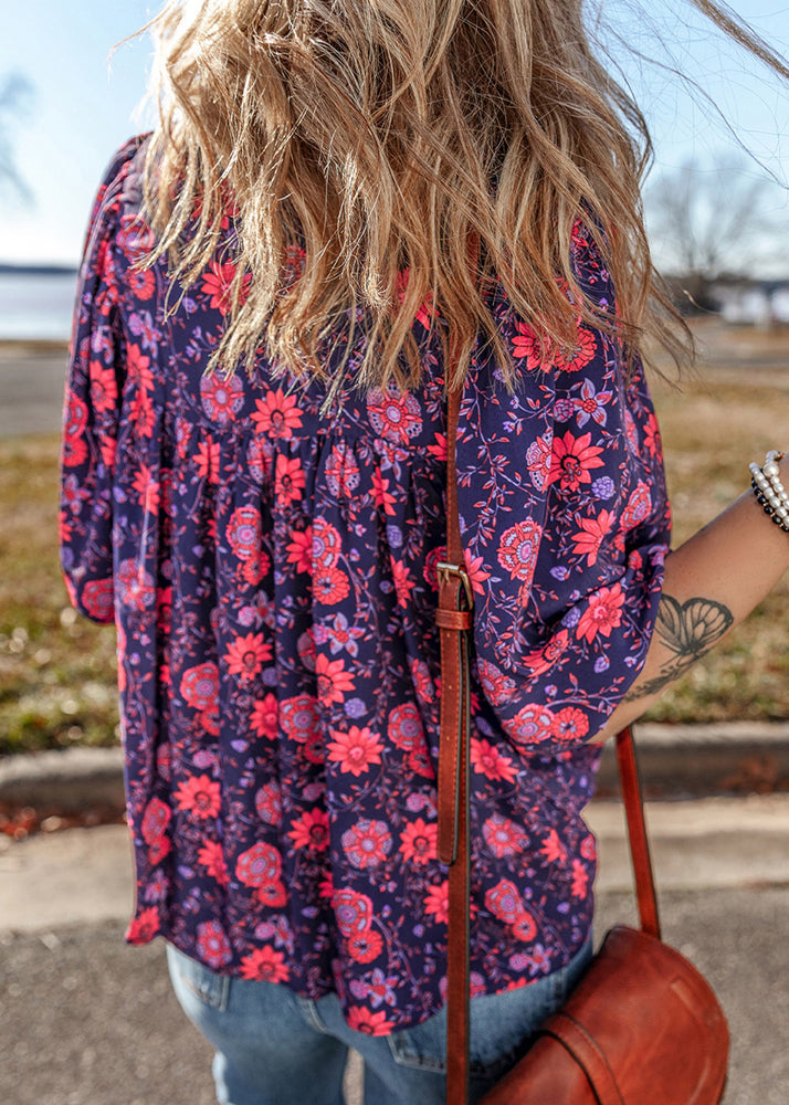 Purple O Neck Print Chiffon Top Summer