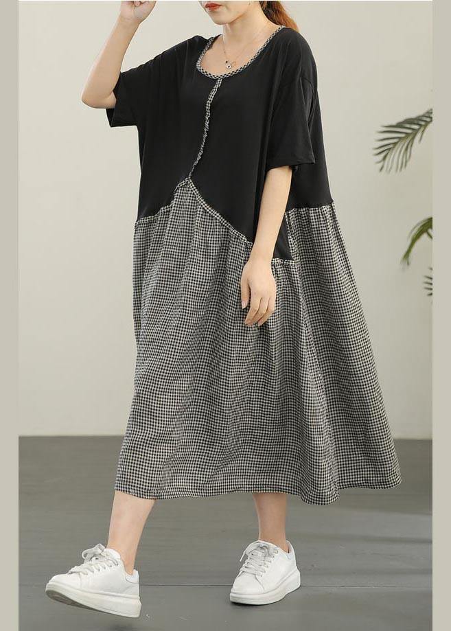 Loose Black Patchwork Plaid Asymmetrical Design Dresses Summer Cotton Linen
