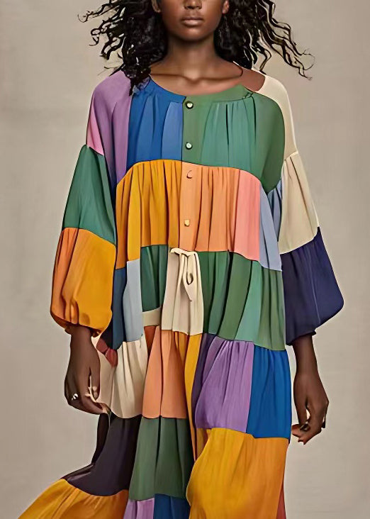 Button Lace Up Patchwork Cotton Long Dresses Long Sleeve