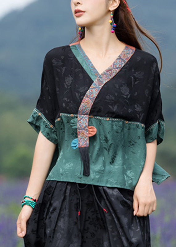 Jacquard Black Stand Collar Embroideried Patchwork Satin Top Half Sleeve