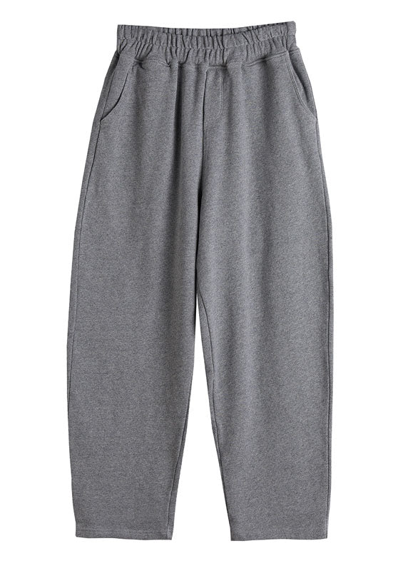 Grey Elastic Waist Cotton Straight Pants Spring