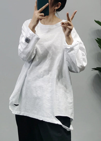 Modern White O-neck Hole Patchwork Cotton Top Long Sleeve