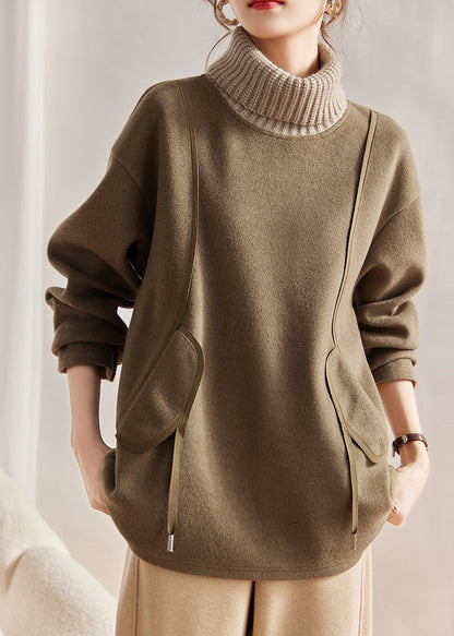 Army Green Turtle Neck Patchwork Cotton Sweatshirts Tops Winter