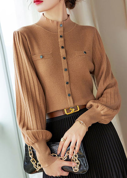 Camel Turtleneck Patchwork Cotton Knit Tops Lantern Sleeve