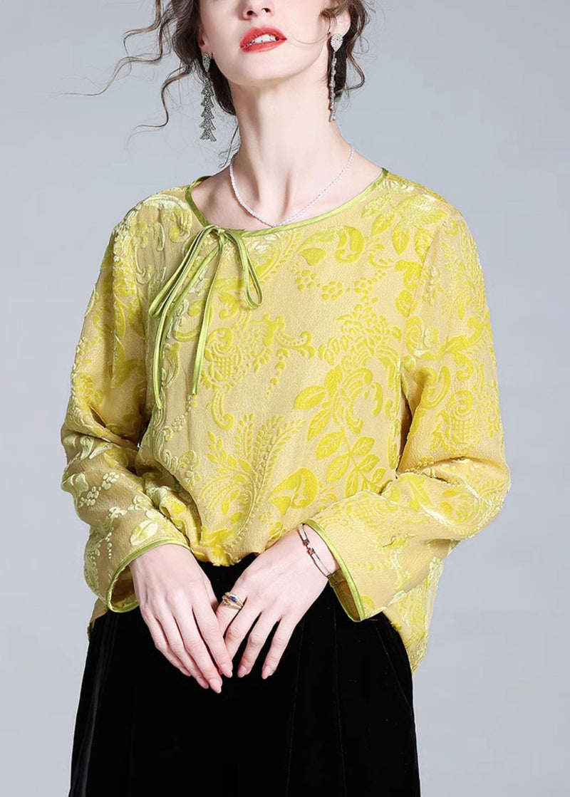 Yellow O-neck Lace Up Silk Velour Tops Fall