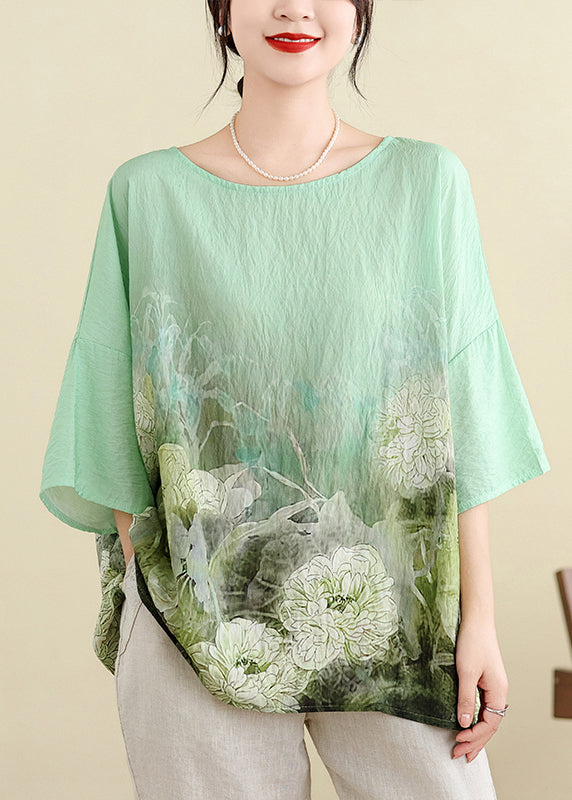 Light Green O Neck Print Cotton T Shirt Batwing Sleeve