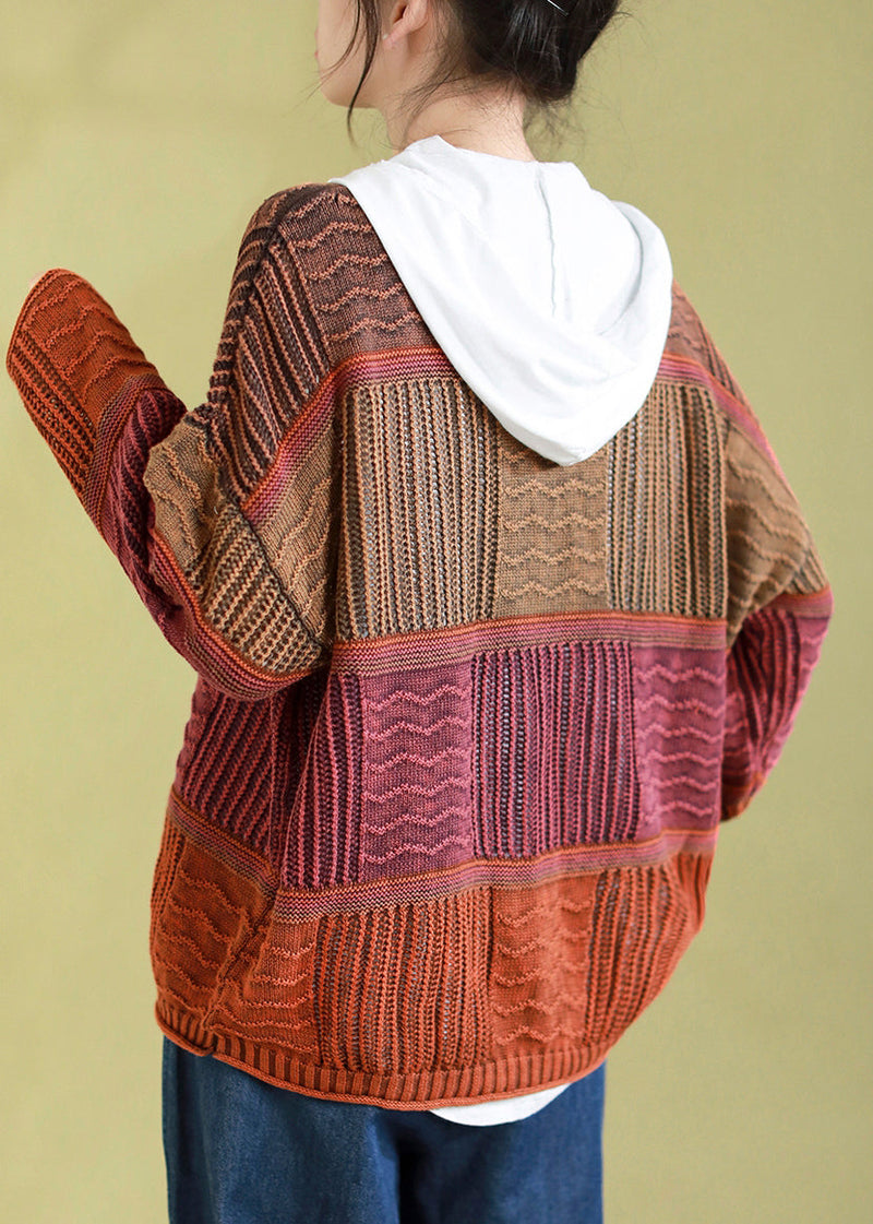 Orange O Neck Button Patchwork Knit Cardigans Spring