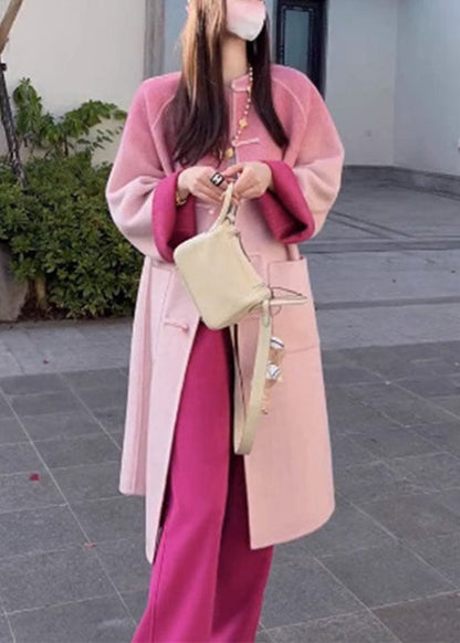 Gradient Color Rose Woolen Coats and Wide Leg Pants Two Pieces Set Fall