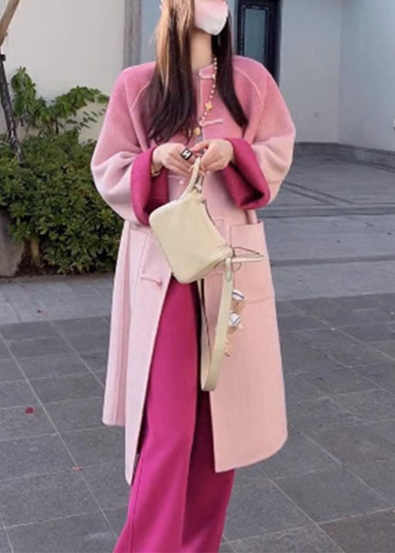 Gradient Color Rose Woolen Coats and Wide Leg Pants Two Pieces Set Fall