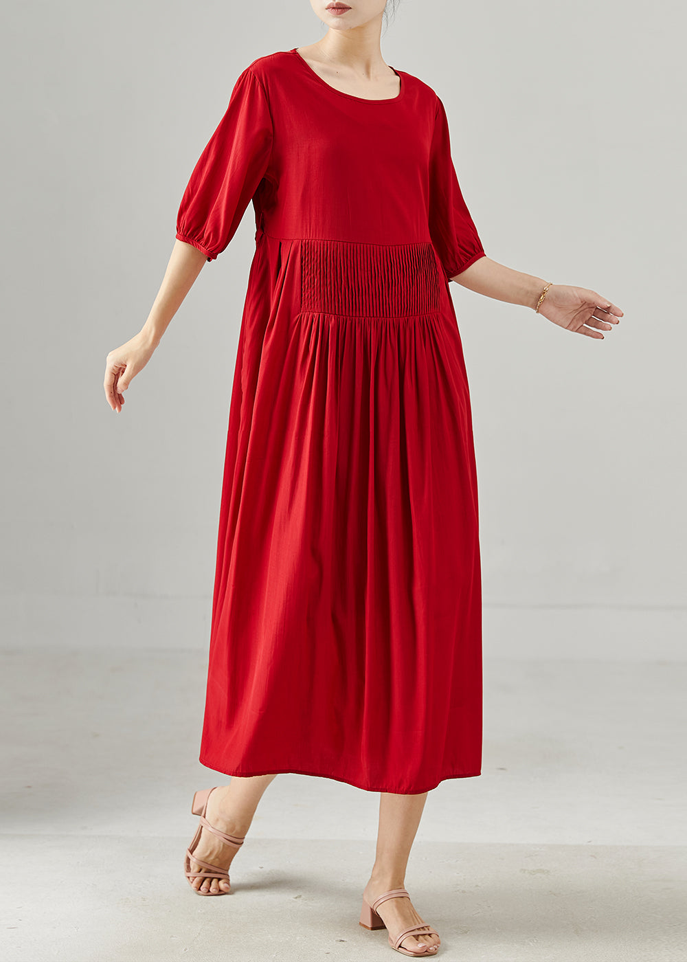 Red Oversized Wrinkled Cotton Dresses Half Sleeve