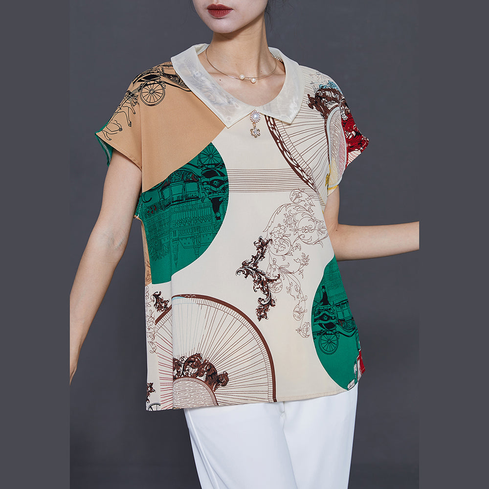 Apricot Peter Pan Collar Print Chiffon Blouse Top Summer
