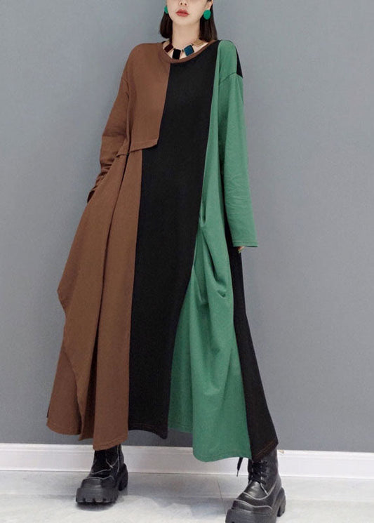 Diy Green O-neck Pockets Asymmetrical Patchwork Long Dresses Spring