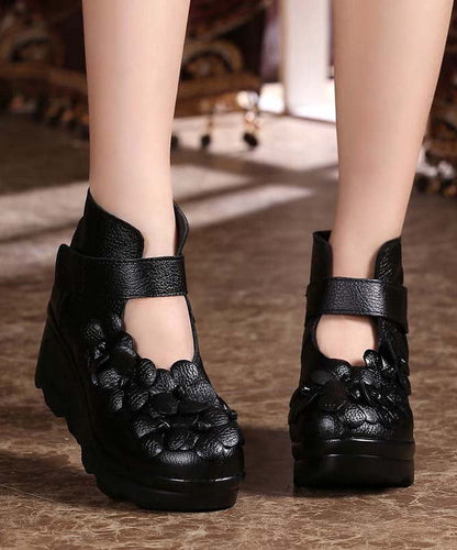 Retro Splicing Platform High Heels Black Cowhide Leather