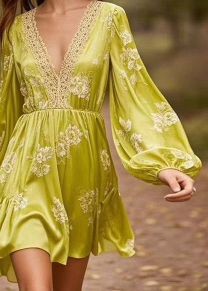 Yellow Green V Neck Print Patchwork Silk Mid Dresses Spring