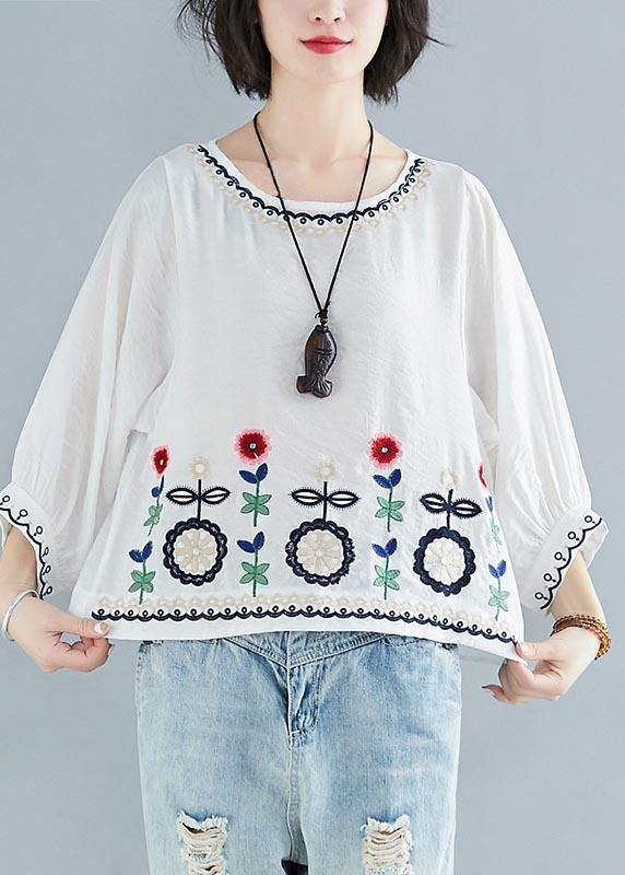 White Embroideried Batwing Sleeve Shirt Tops Summer Cotton Linen