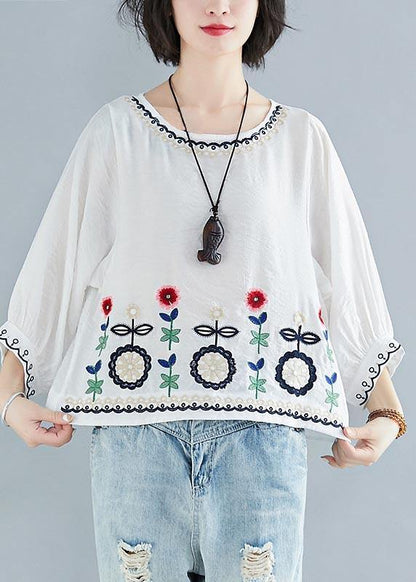 White Embroideried Batwing Sleeve Shirt Tops Summer Cotton Linen